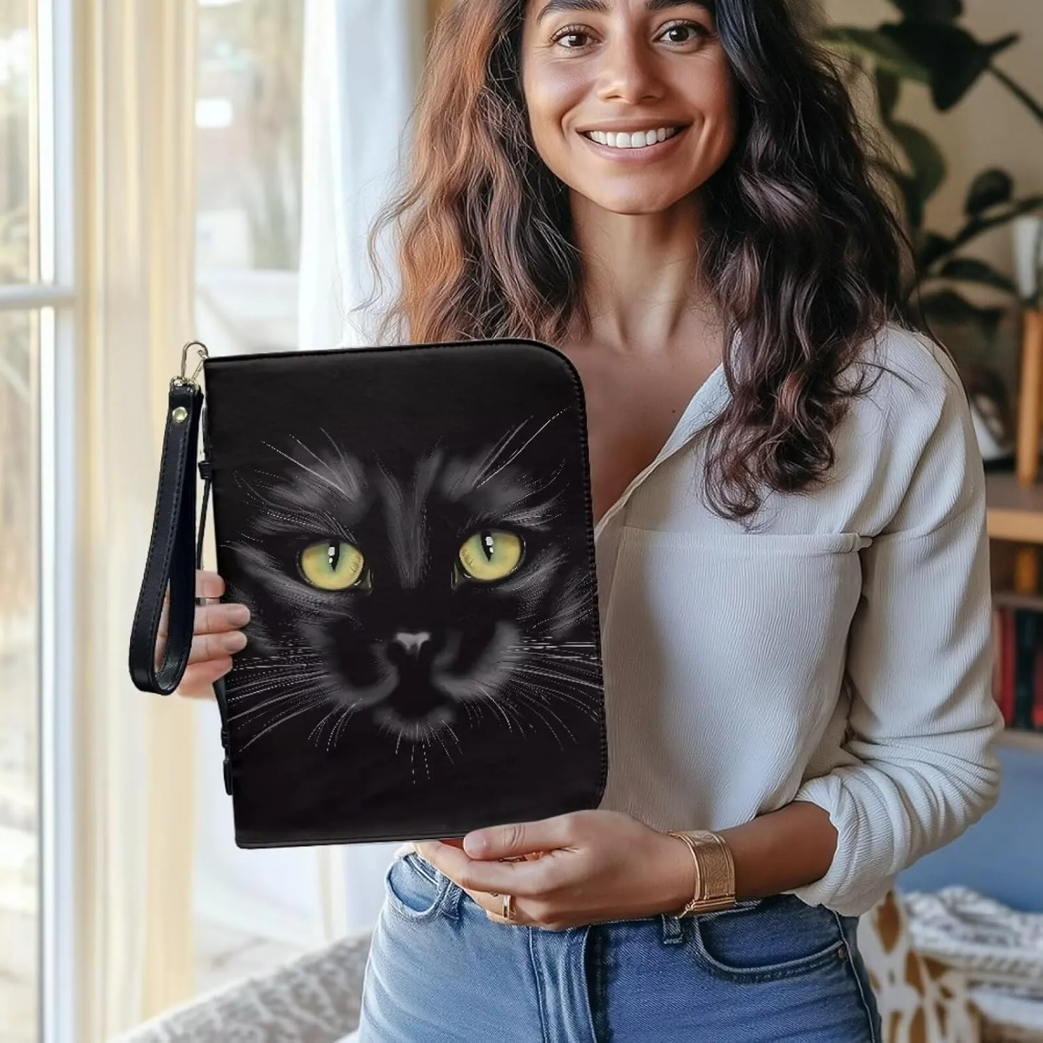 Bible Covers with Wristlet Strap for Women Men PU Leather Church Bible Bag Zippered Book Carrying Case Christian Bag for Prayer Outdoor Study,Black Cat
