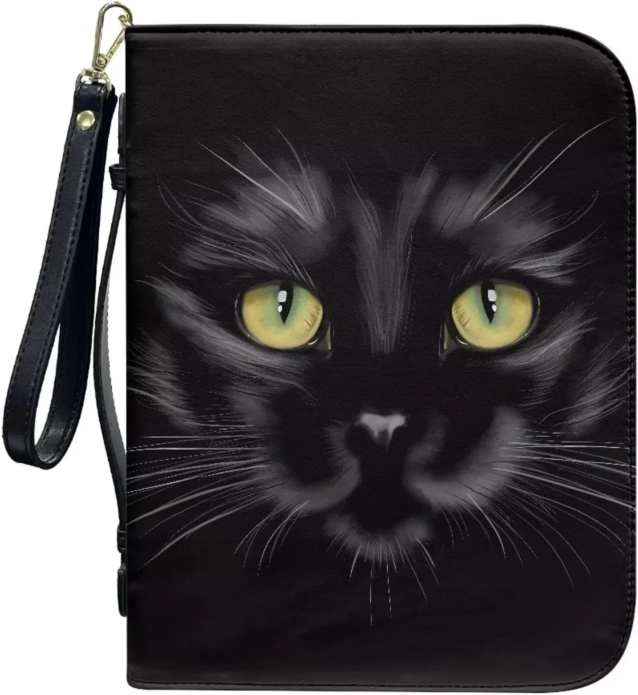 Bible Covers with Wristlet Strap for Women Men PU Leather Church Bible Bag Zippered Book Carrying Case Christian Bag for Prayer Outdoor Study,Black Cat