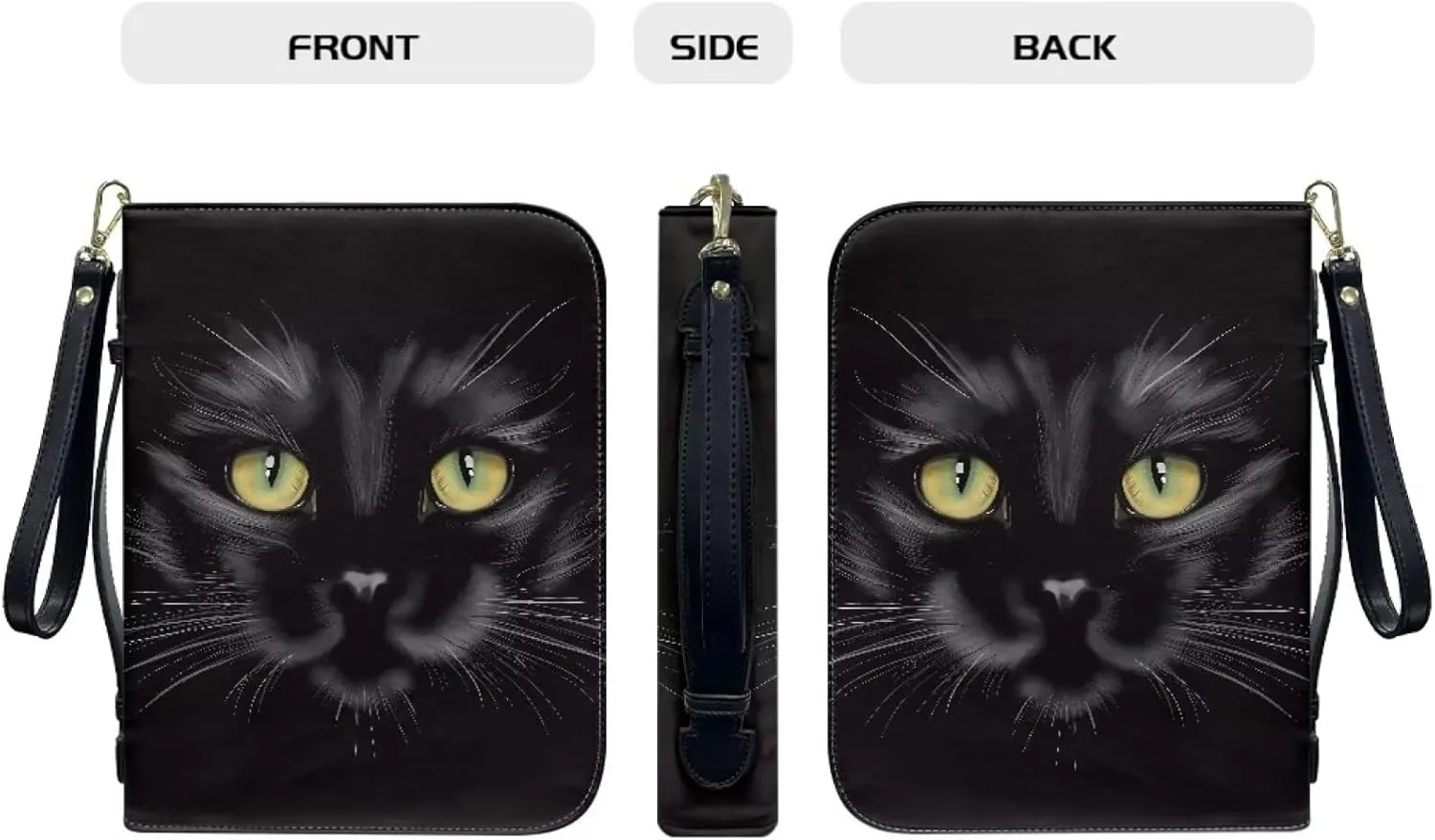 Bible Covers with Wristlet Strap for Women Men PU Leather Church Bible Bag Zippered Book Carrying Case Christian Bag for Prayer Outdoor Study,Black Cat