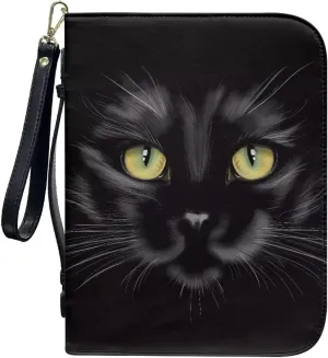 Bible Covers with Wristlet Strap for Women Men PU Leather Church Bible Bag Zippered Book Carrying Case Christian Bag for Prayer Outdoor Study,Black Cat