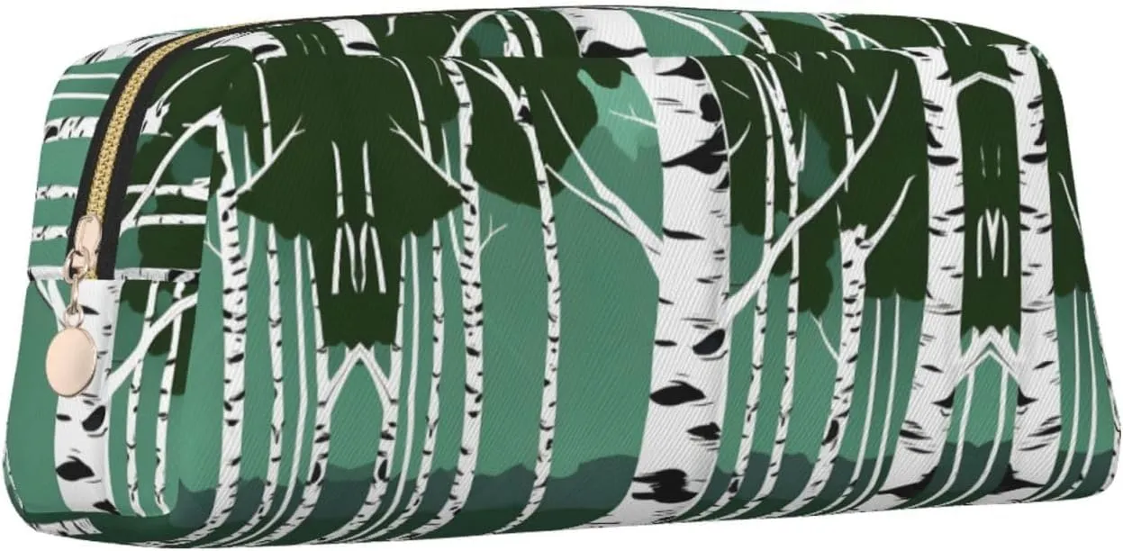 Birch Trees Print Large Capacity Pencil Case,Pencil Pouch With Zipper, Durable Leather Pen Bag For Office, Travel