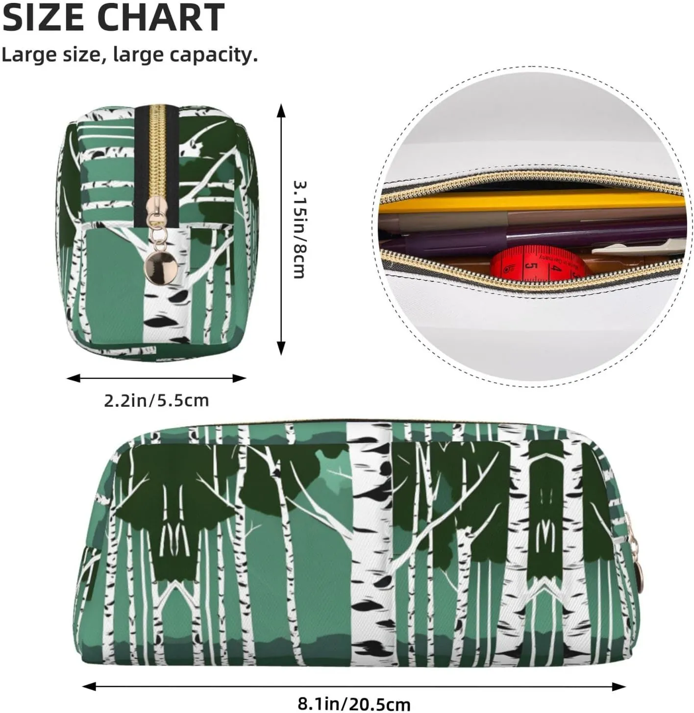 Birch Trees Print Large Capacity Pencil Case,Pencil Pouch With Zipper, Durable Leather Pen Bag For Office, Travel