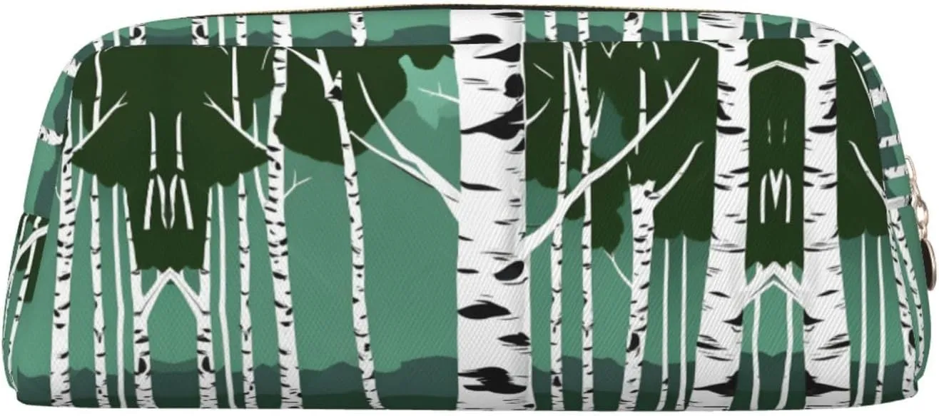 Birch Trees Print Large Capacity Pencil Case,Pencil Pouch With Zipper, Durable Leather Pen Bag For Office, Travel