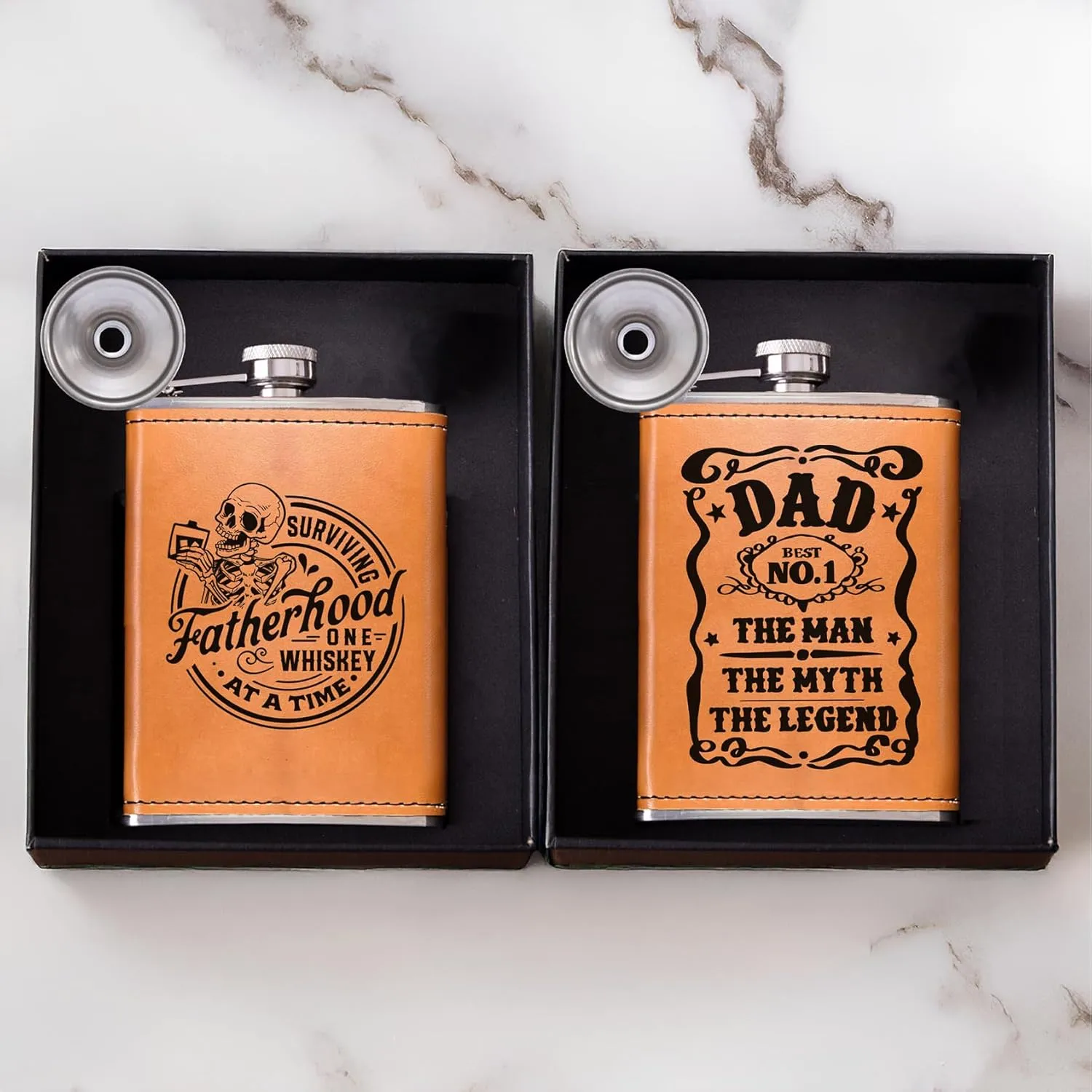 Birthday Gifts for Men, Dad Birthday Gift, Flask for men, 8oz Leather Flask with Funnel, 304 Stainless Steel Whiskey Flask for Dad, Retirement Gifts for Men (Dad2)
