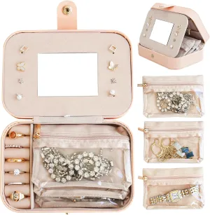 Birthday Gifts for Women-Travel Jewelry Case with [3 Velvet Zipper Pockets] Small Jewelry Box Travel Jewelry Organizer, Best Friend Bridesmaid Gifts Mini Airplane Travel Essentials Accessories(Peach)