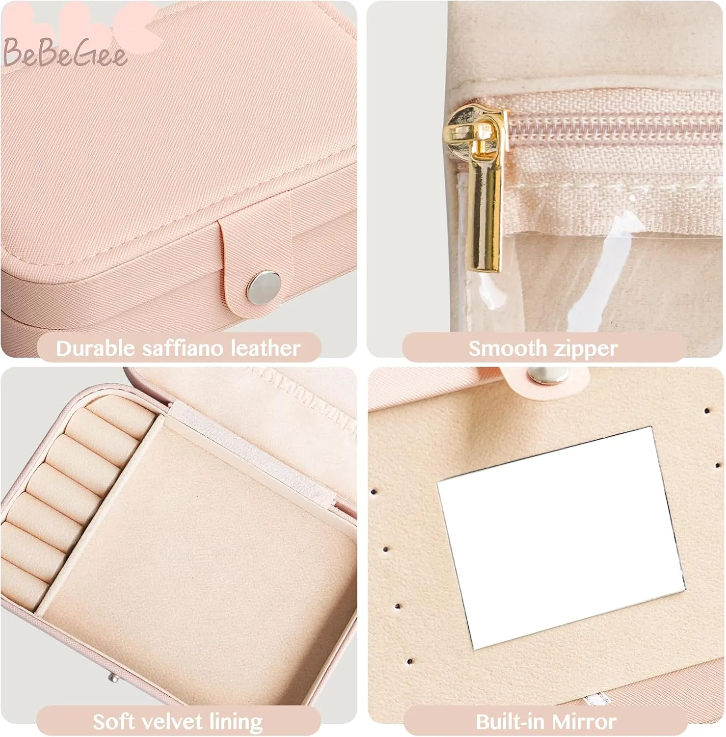 Birthday Gifts for Women-Travel Jewelry Case with [3 Velvet Zipper Pockets] Small Jewelry Box Travel Jewelry Organizer, Best Friend Bridesmaid Gifts Mini Airplane Travel Essentials Accessories(Peach)