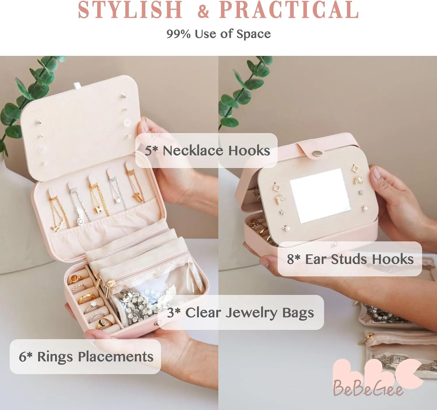 Birthday Gifts for Women-Travel Jewelry Case with [3 Velvet Zipper Pockets] Small Jewelry Box Travel Jewelry Organizer, Best Friend Bridesmaid Gifts Mini Airplane Travel Essentials Accessories(Peach)