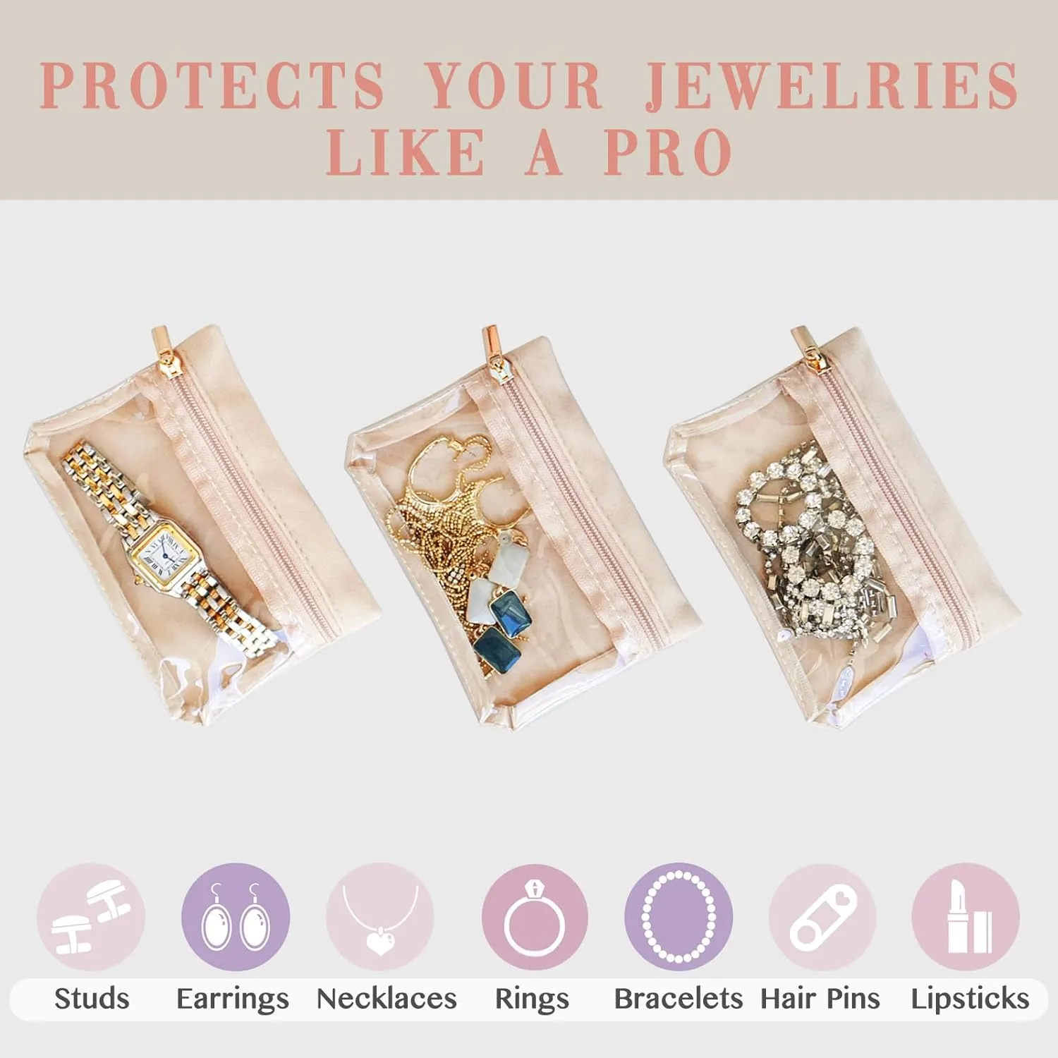 Birthday Gifts for Women-Travel Jewelry Case with [3 Velvet Zipper Pockets] Small Jewelry Box Travel Jewelry Organizer, Best Friend Bridesmaid Gifts Mini Airplane Travel Essentials Accessories(Peach)