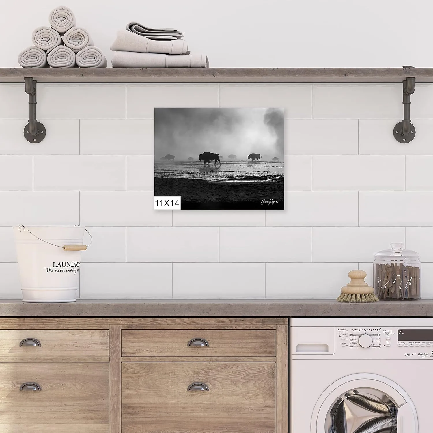 Bison Walking in Mist in Yellowstone, National Park of Alpine Meadows, Black and White Wall Artwork Available in (Glossy Photo Print, 8x10 Inches)