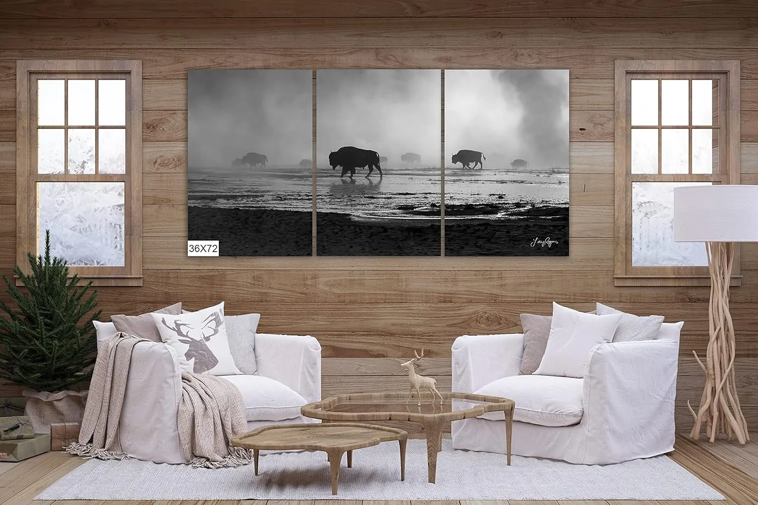 Bison Walking in Mist in Yellowstone, National Park of Alpine Meadows, Black and White Wall Artwork Available in (Glossy Photo Print, 8x10 Inches)
