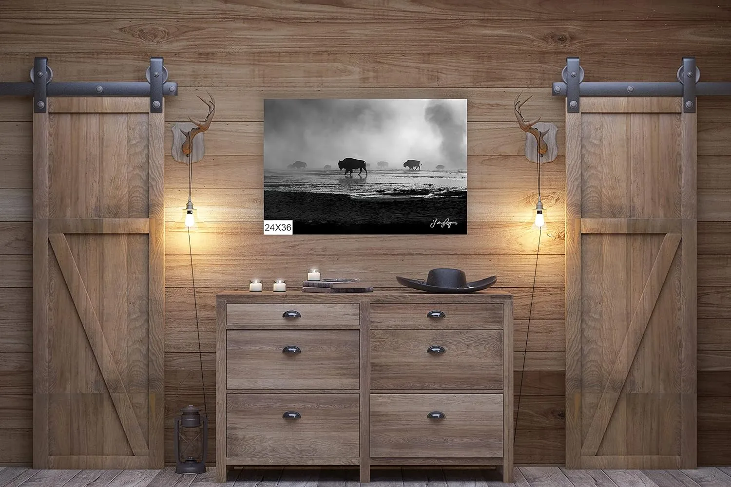 Bison Walking in Mist in Yellowstone, National Park of Alpine Meadows, Black and White Wall Artwork Available in (Glossy Photo Print, 8x10 Inches)
