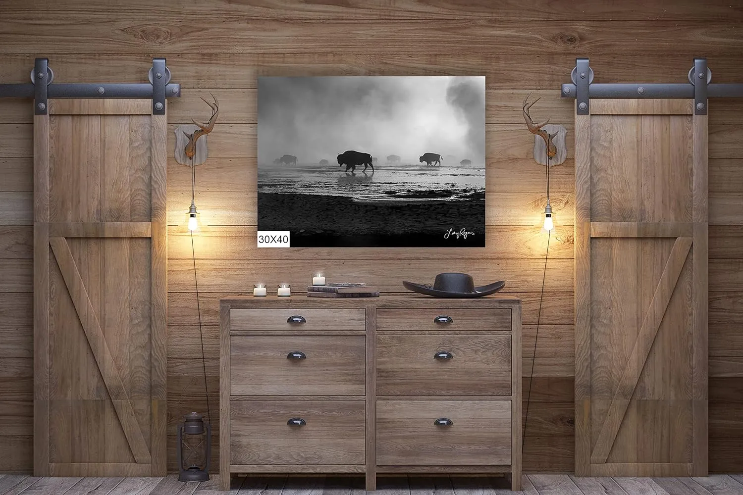 Bison Walking in Mist in Yellowstone, National Park of Alpine Meadows, Black and White Wall Artwork Available in (Glossy Photo Print, 8x10 Inches)