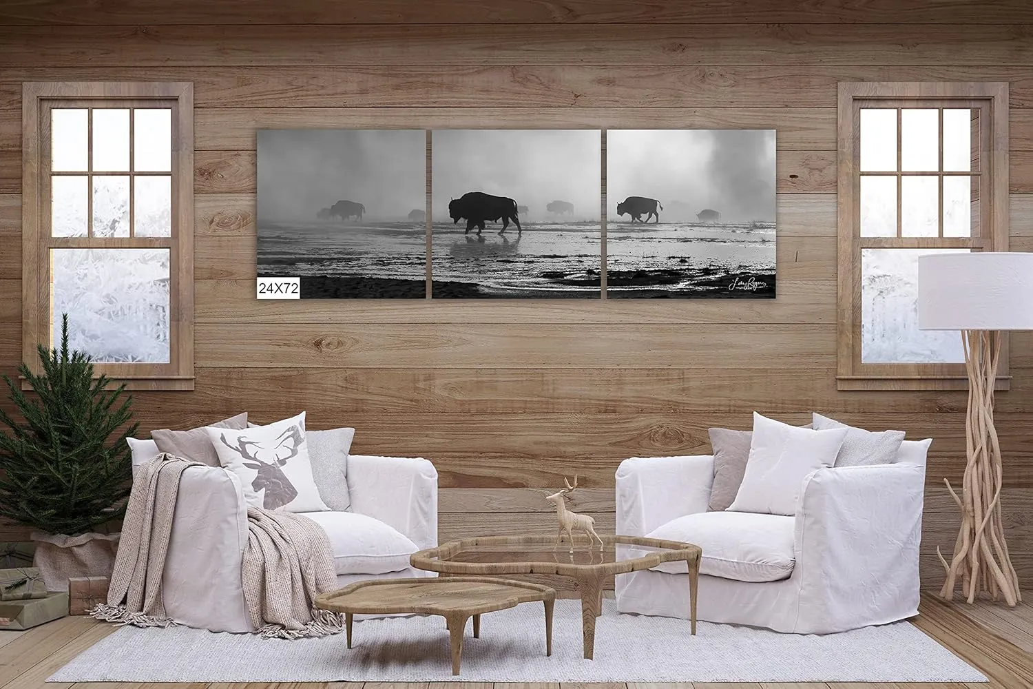 Bison Walking in Mist in Yellowstone, National Park of Alpine Meadows, Black and White Wall Artwork Available in (Glossy Photo Print, 8x10 Inches)