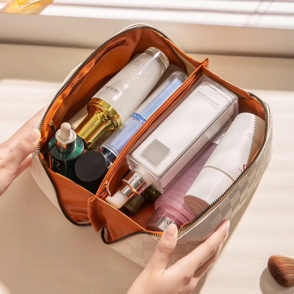 BIVIZKU Large Capacity Brown Checkered Makeup Bags Portable Travel Cosmetic Bags Open-Flat Toiletry Bag for Women Girls Make Up Organizer with Divider Pouch Zipper Bag (white-checkered)