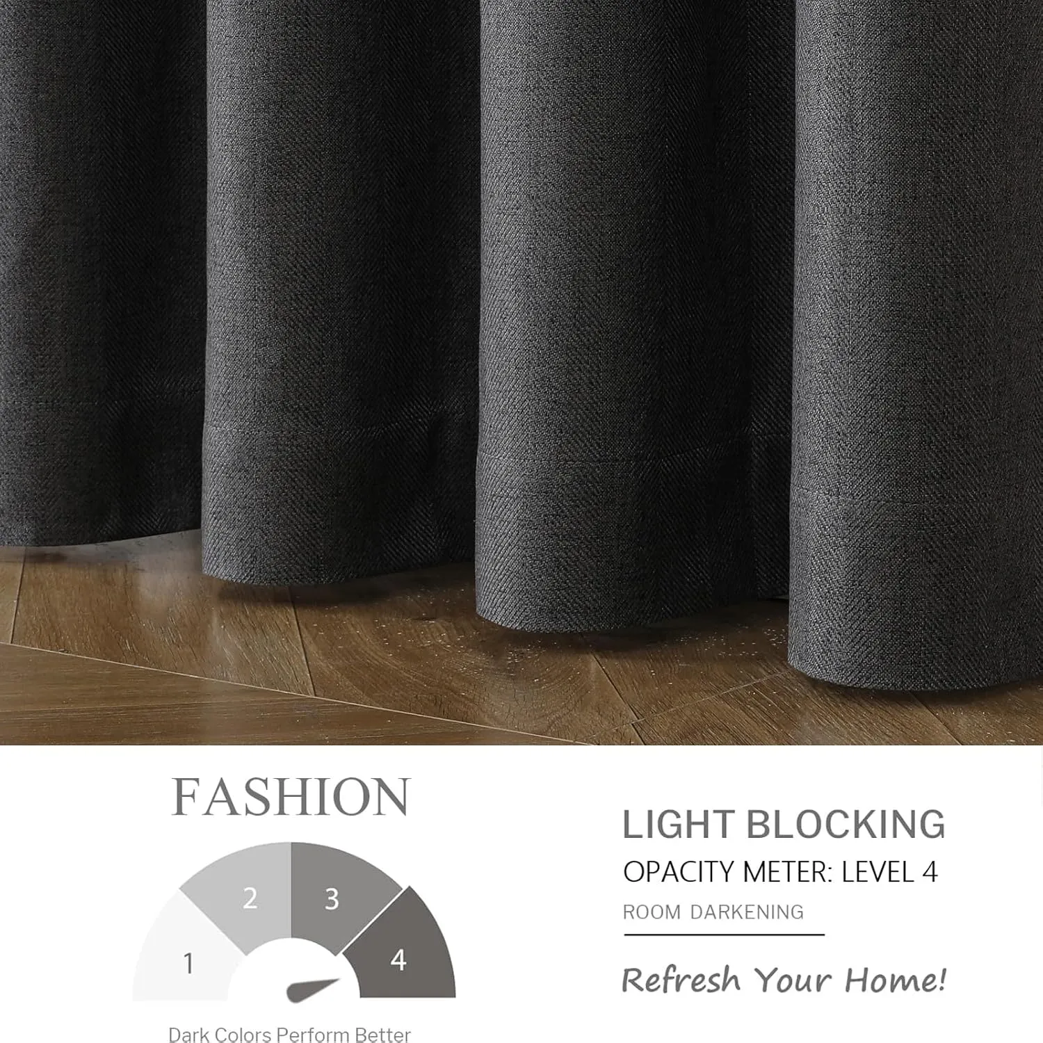 Blackout Linen Textured Curtains, 84 Inches Long, Set of 2 Panels Grommet Top for Living Room,W 52xL 84 Inch, Dark Grey