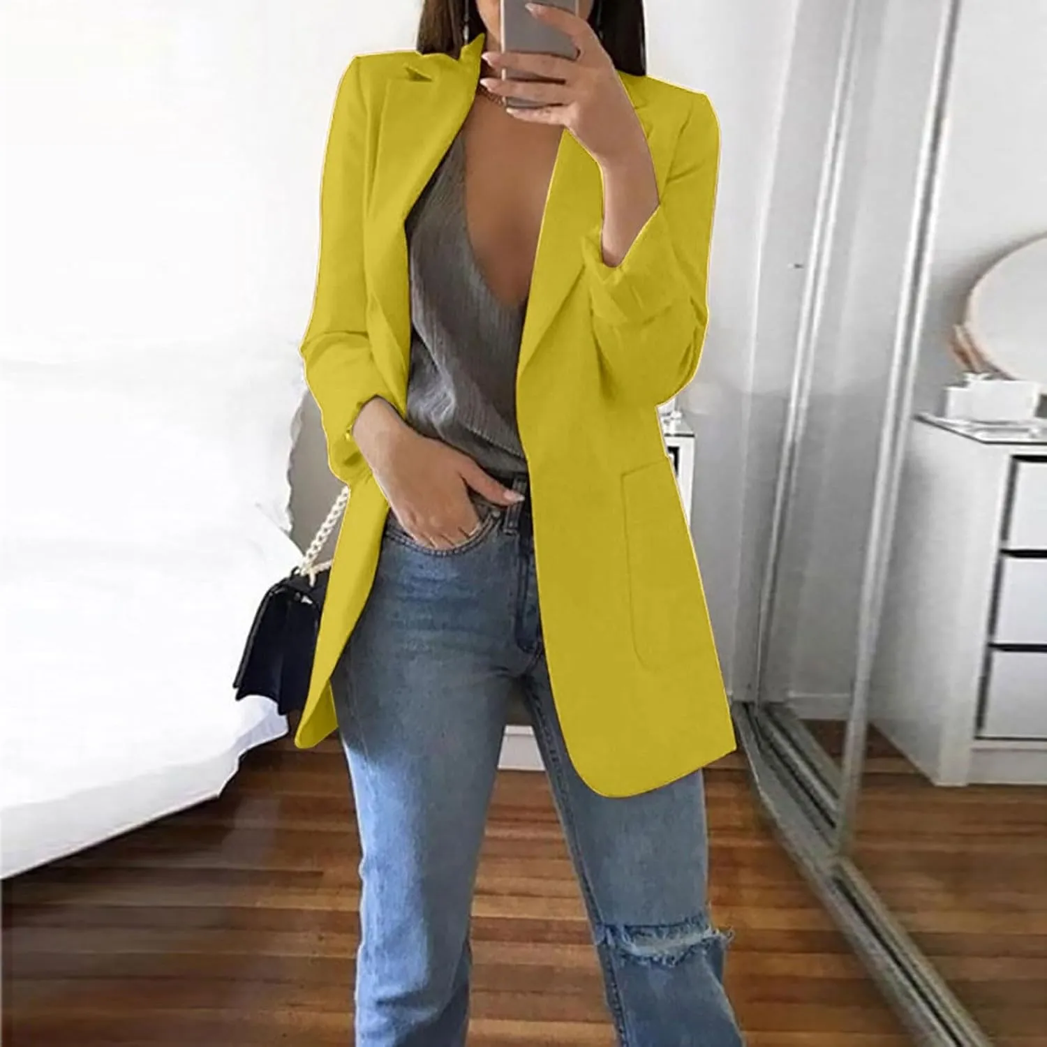 Blazers for Women Long Sleeve Button Open Front Blazer Jacket Solid/Hawaii Print Trendy Suite Coat with Pockets