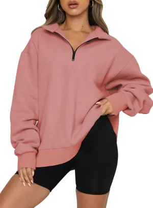 BLENCOT Women Half Zip Oversized Sweatshirts Long Sleeve Solid Color Drop Shoulder Fleece Workout Pullover S-2XL