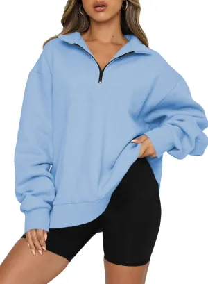 BLENCOT Women Half Zip Oversized Sweatshirts Long Sleeve Solid Color Drop Shoulder Fleece Workout Pullover S-2XL
