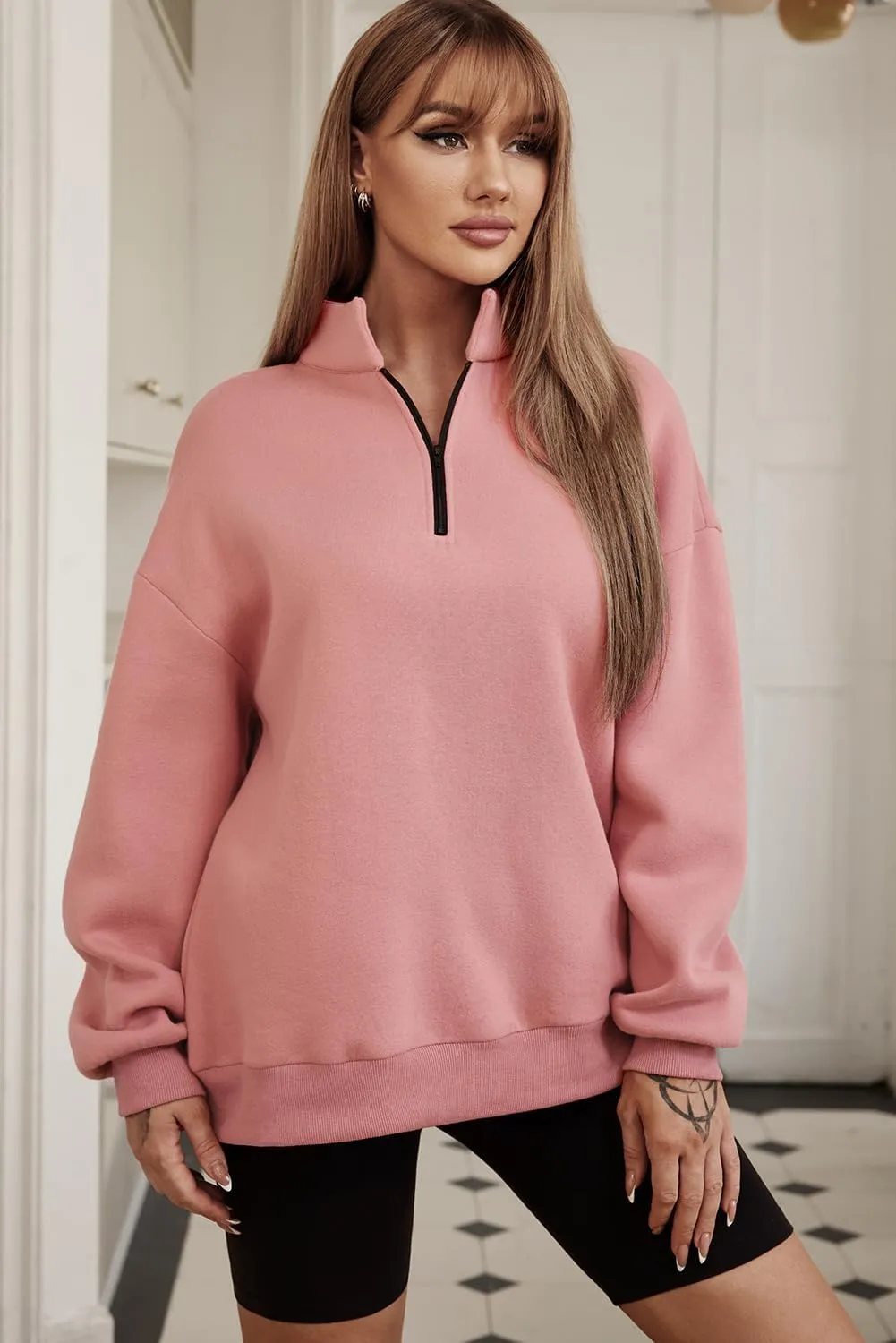 BLENCOT Women Half Zip Oversized Sweatshirts Long Sleeve Solid Color Drop Shoulder Fleece Workout Pullover S-2XL