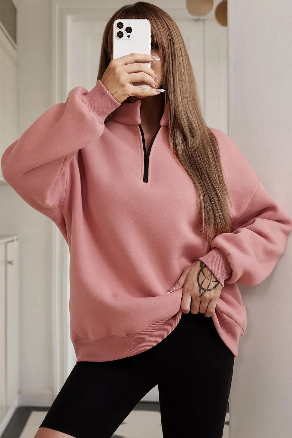 BLENCOT Women Half Zip Oversized Sweatshirts Long Sleeve Solid Color Drop Shoulder Fleece Workout Pullover S-2XL