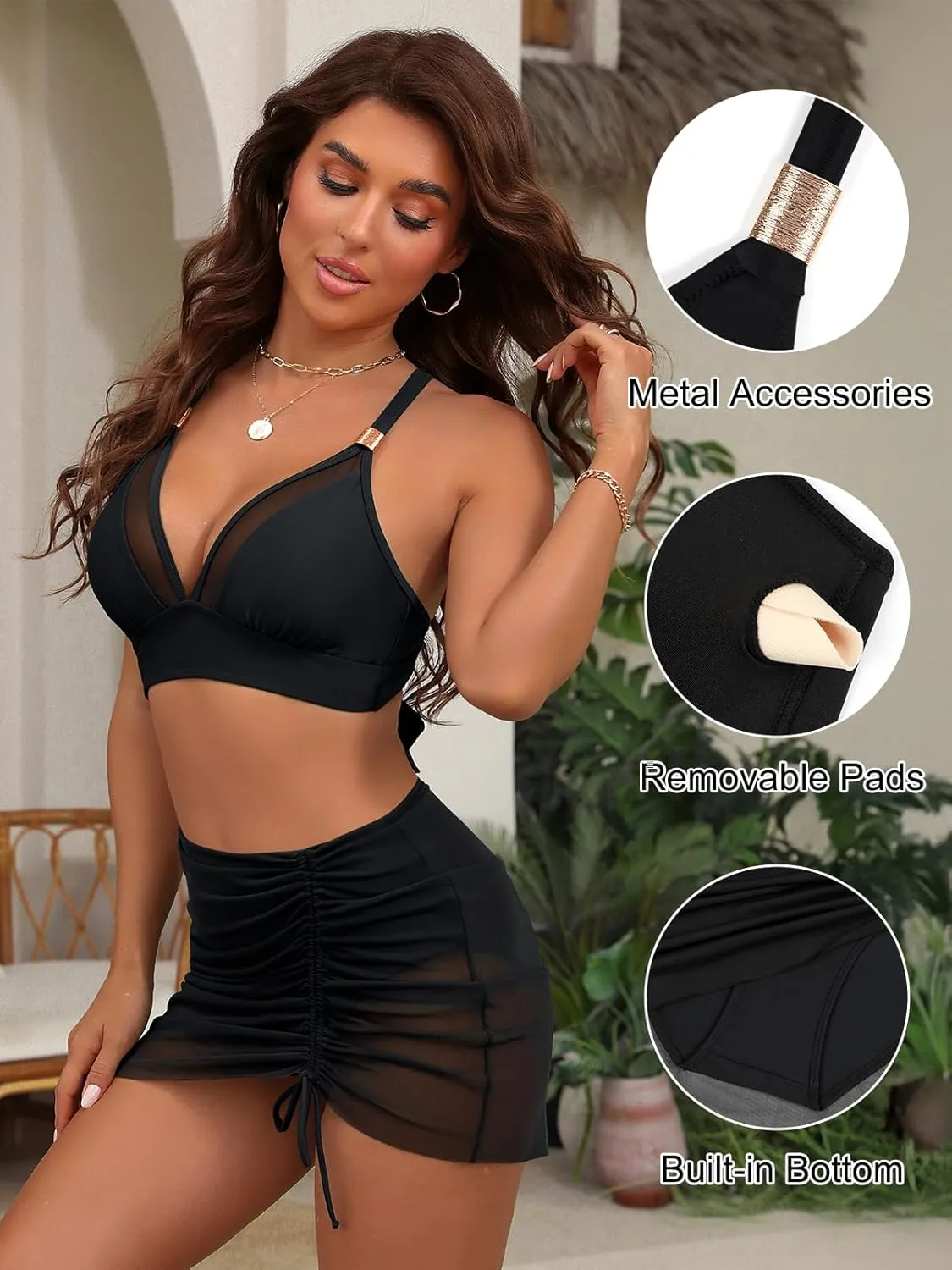 Blooming Jelly Womens High Wasited Bikini Sets Tummy Control Swimsuits Curvy Mesh Swim Skirt
