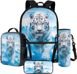 Blue Tiger Mountain Print 4-in-1 Backpack Set Hiking Rucksack Daypack with Lunch Bag Pencil Pouch Case Pencil Bag Portable Water Bottle Carrier, School Supplies for Teen Boys