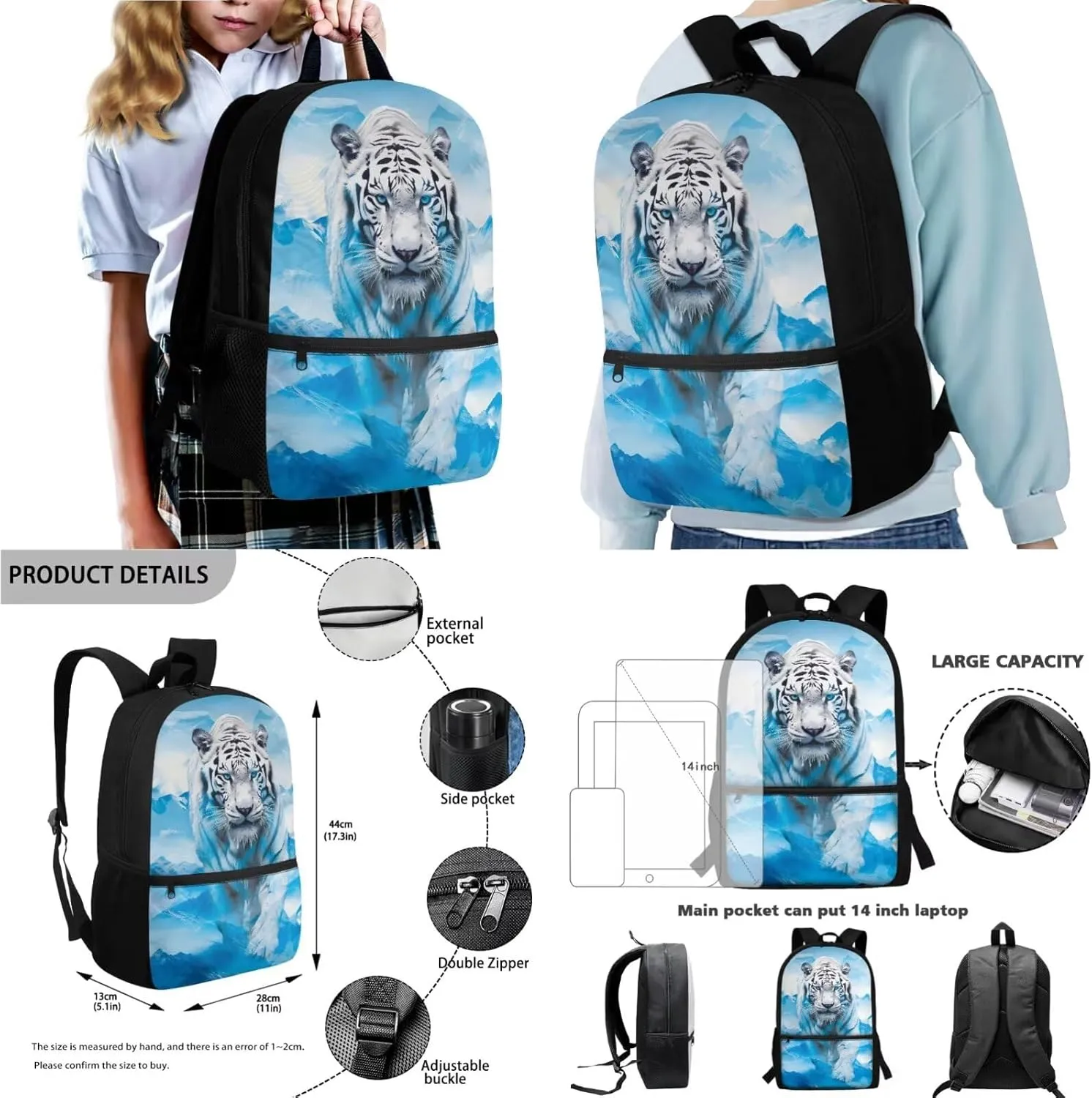 Blue Tiger Mountain Print 4-in-1 Backpack Set Hiking Rucksack Daypack with Lunch Bag Pencil Pouch Case Pencil Bag Portable Water Bottle Carrier, School Supplies for Teen Boys