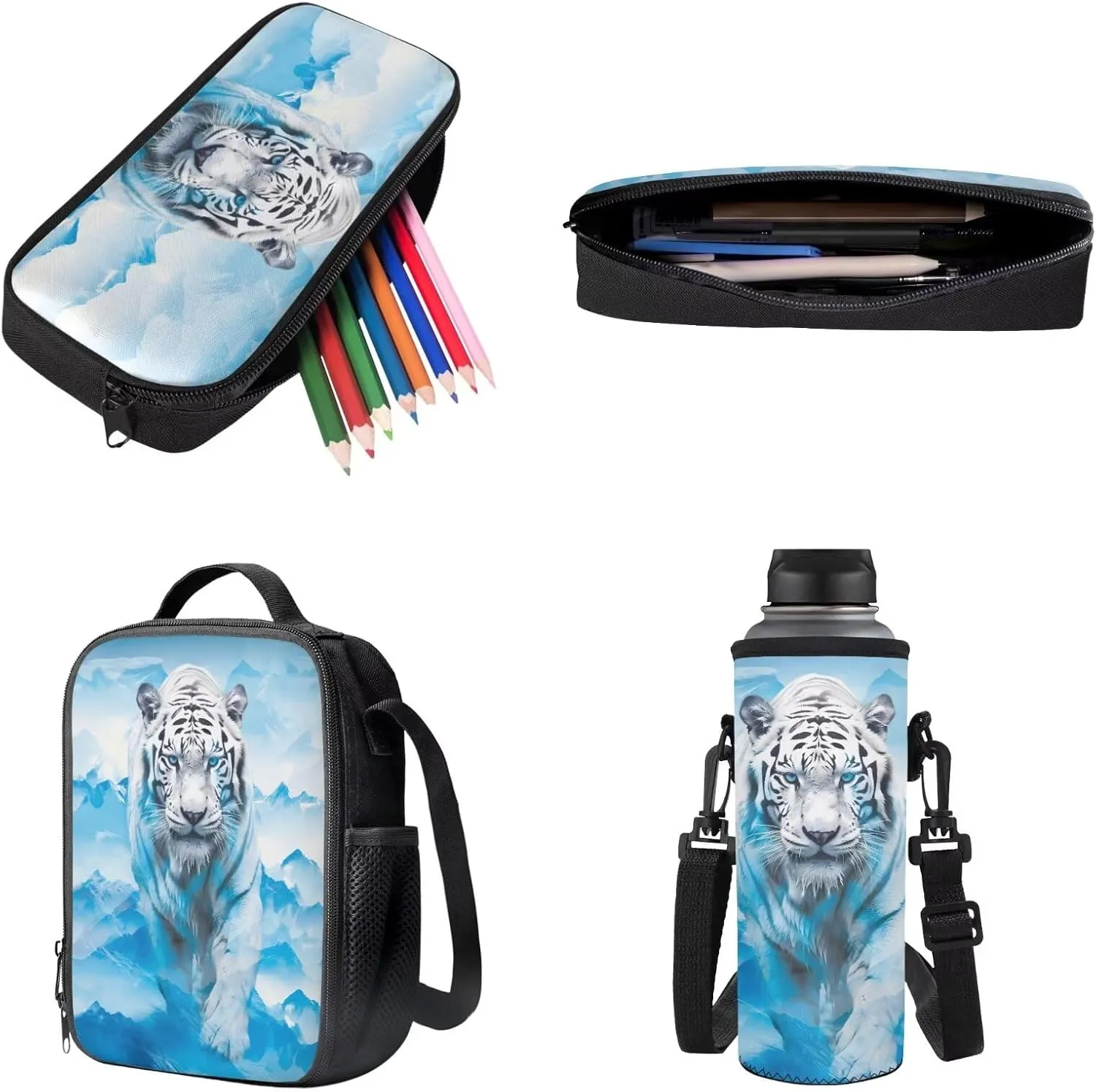 Blue Tiger Mountain Print 4-in-1 Backpack Set Hiking Rucksack Daypack with Lunch Bag Pencil Pouch Case Pencil Bag Portable Water Bottle Carrier, School Supplies for Teen Boys