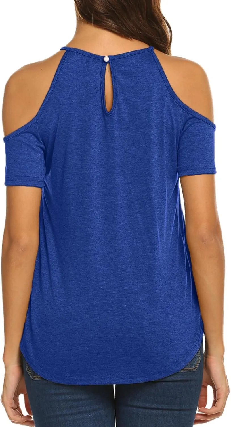 Bluetime Summer Tops for Women Short Sleeve T Shirts Cold Shoulder Casual Tops Tees