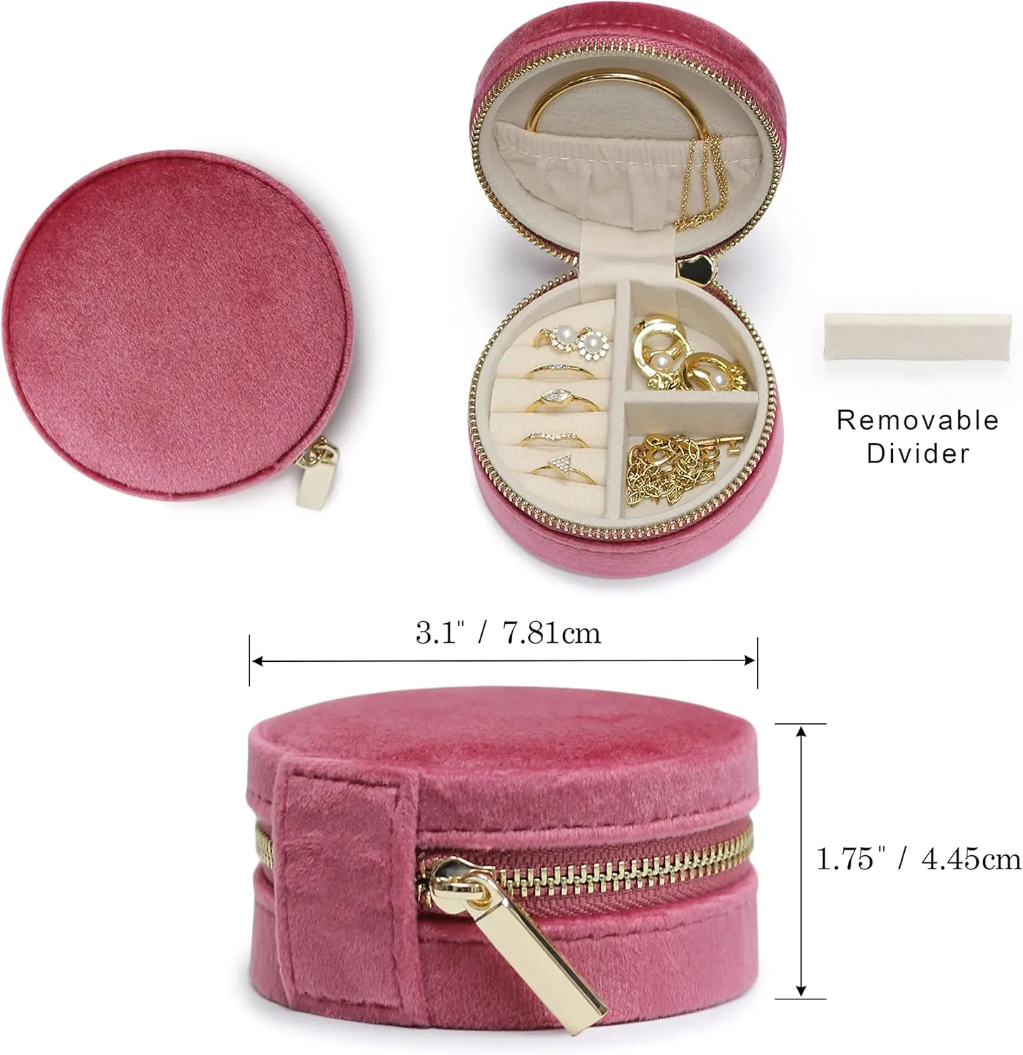 BLUTETE Velvet Travel Jewelry Case Small Round Travel Jewelry Organizer Jewelry Accessory Storage Case Gift Jewelry Box (Berry Pink/Round)