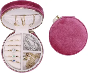 BLUTETE Velvet Travel Jewelry Case Small Round Travel Jewelry Organizer Jewelry Accessory Storage Case Gift Jewelry Box (Berry Pink/Round)