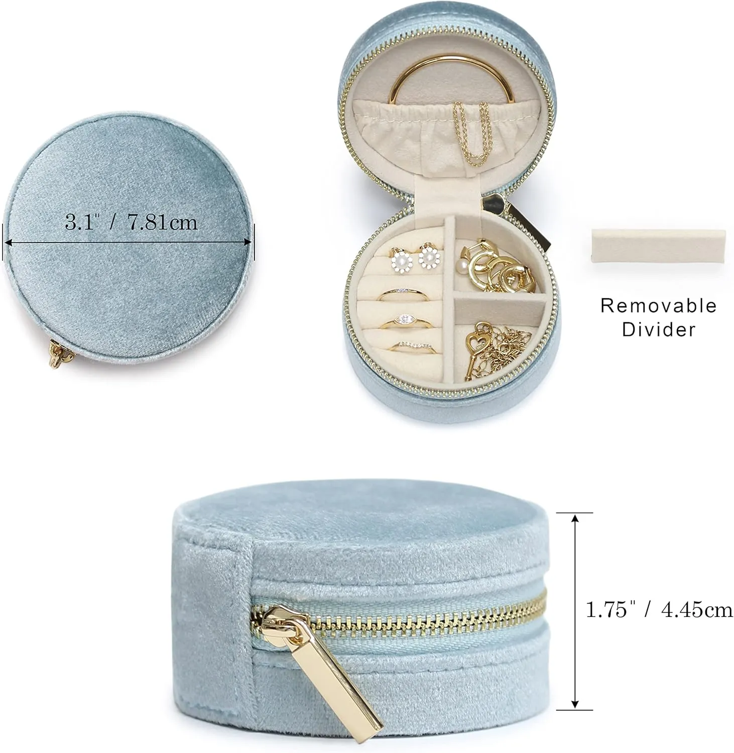 BLUTETE Velvet Travel Jewelry Case Small Round Travel Jewelry Organizer Jewelry Accessory Storage Case Gift Jewelry Box (Sky Blue/Round)