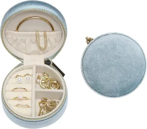BLUTETE Velvet Travel Jewelry Case Small Round Travel Jewelry Organizer Jewelry Accessory Storage Case Gift Jewelry Box (Sky Blue/Round)