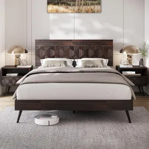 Bme Georgina Signature Bed Frame with Handcrafted Geometric Headboard, Mid Century Modern, Solid Acacia Wood, No Box Spring Needed, 12 Strong Wood Slats Support, Easy Assembly, Walnut, Queen