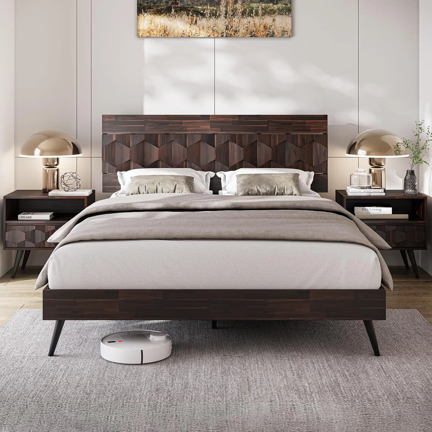 Bme Georgina Signature Bed Frame with Handcrafted Geometric Headboard, Mid Century Modern, Solid Acacia Wood, No Box Spring Needed, 12 Strong Wood Slats Support, Easy Assembly, Walnut, Queen