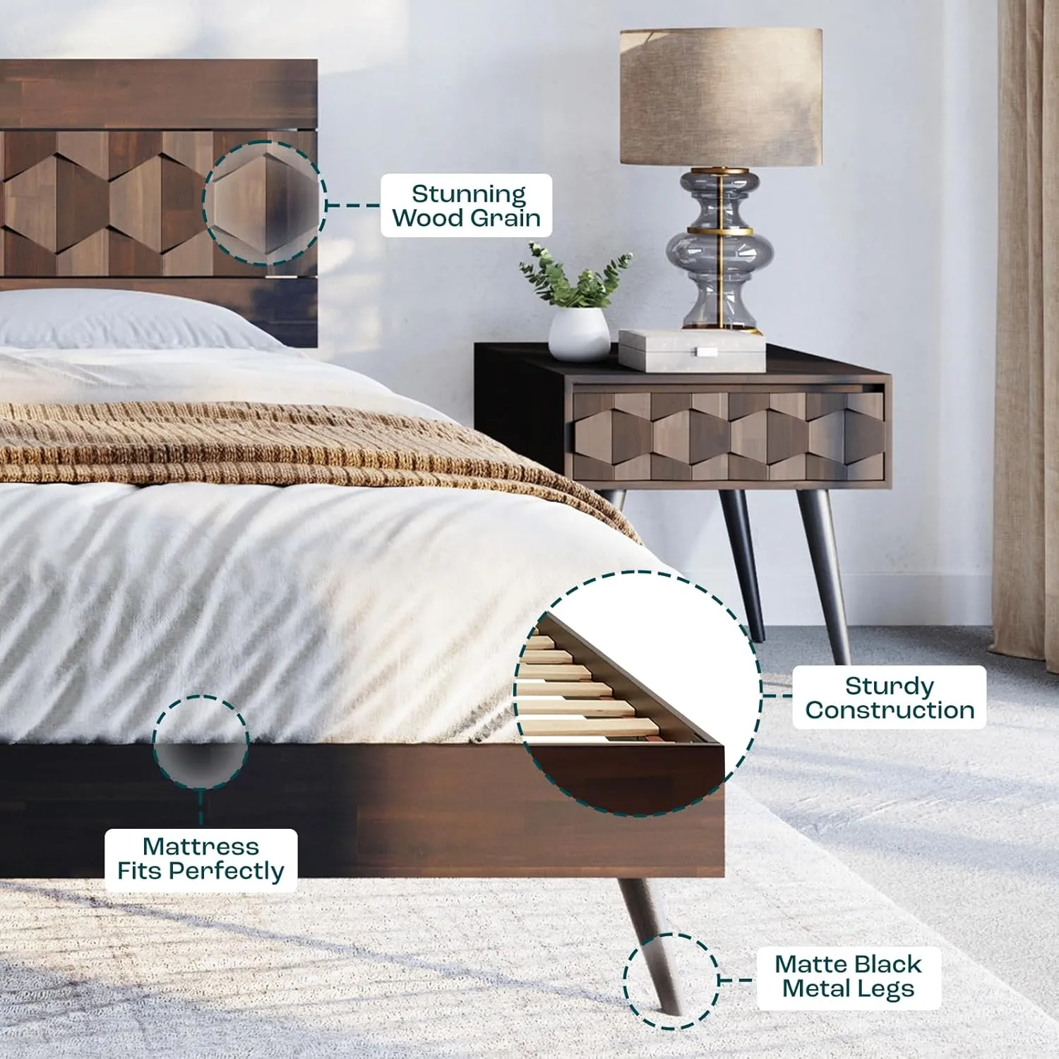 Bme Georgina Signature Bed Frame with Handcrafted Geometric Headboard, Mid Century Modern, Solid Acacia Wood, No Box Spring Needed, 12 Strong Wood Slats Support, Easy Assembly, Walnut, Queen