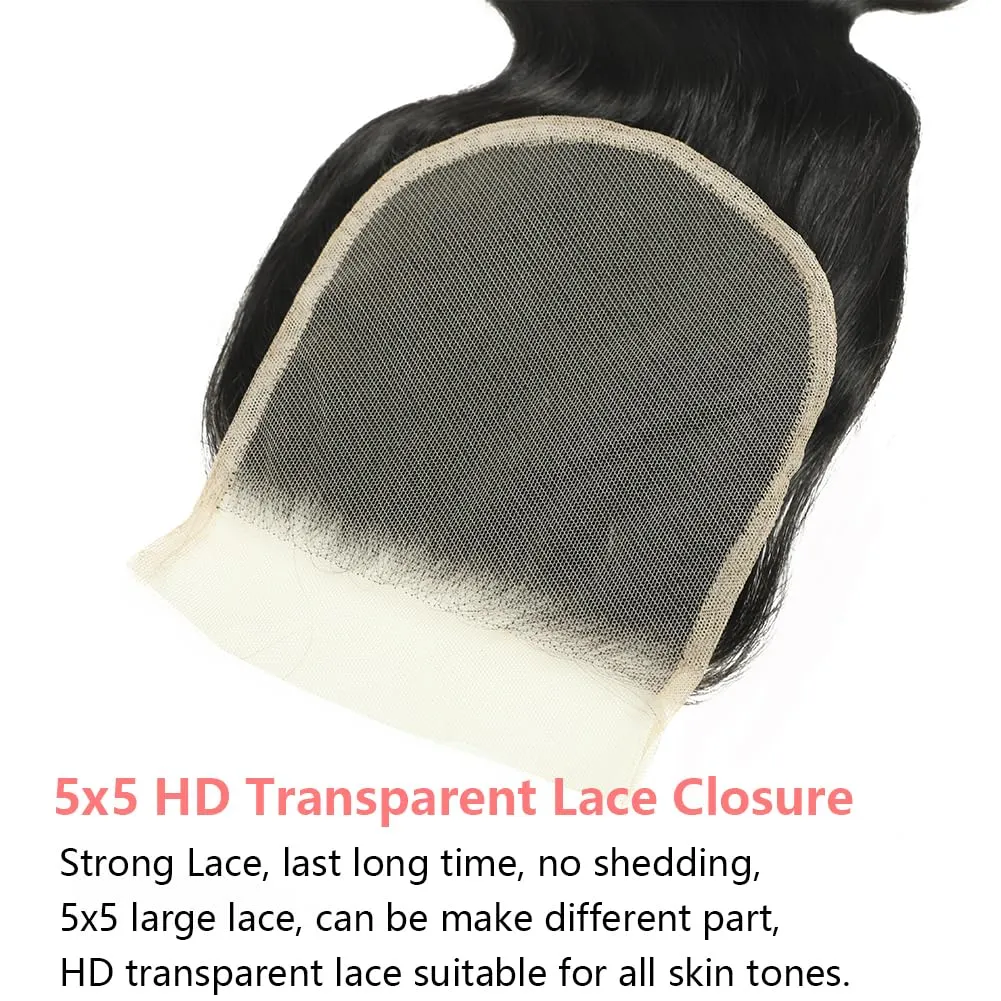 Body Wave 5x5 Transparent HD Lace Closure Human Hair 18 Inch 12A Brazilian Virgin Human Hair Frontal Closure Wave Pre Plucked with Baby Hair Swiss Lace Natural Black