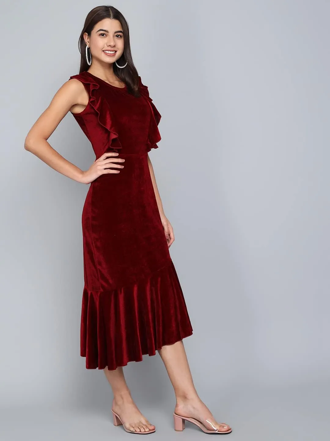 Bodycon Party Dress for Women Sleeveless | Shiny Velvet Fabric Fish Cut Ruffle Bottom Detailing Stylish Casual Outfit