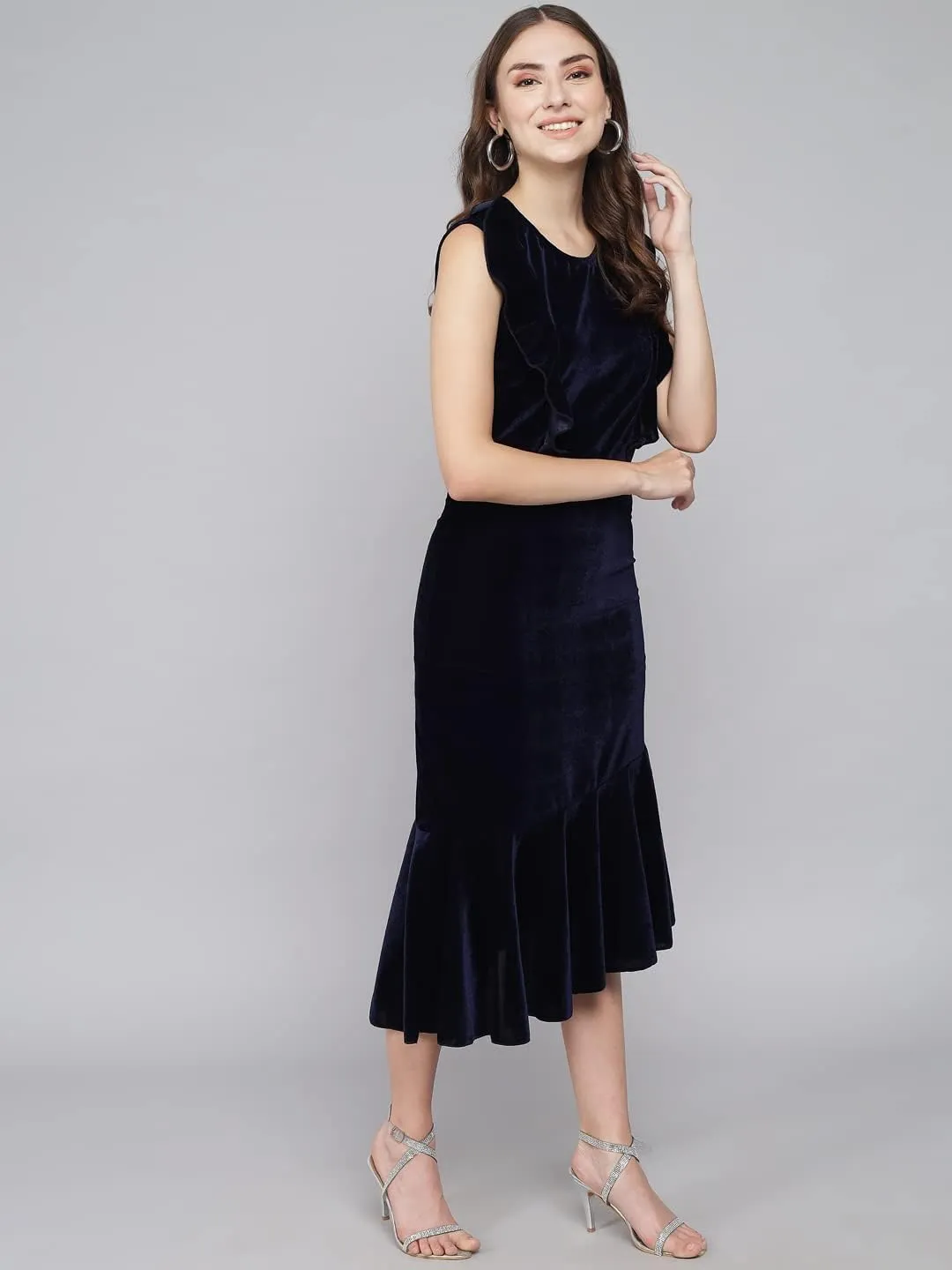 Bodycon Party Dress for Women Sleeveless | Shiny Velvet Fabric Fish Cut Ruffle Bottom Detailing Stylish Casual Outfit