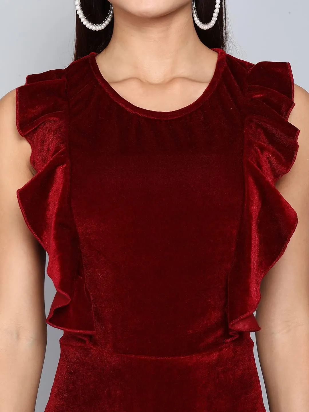 Bodycon Party Dress for Women Sleeveless | Shiny Velvet Fabric Fish Cut Ruffle Bottom Detailing Stylish Casual Outfit