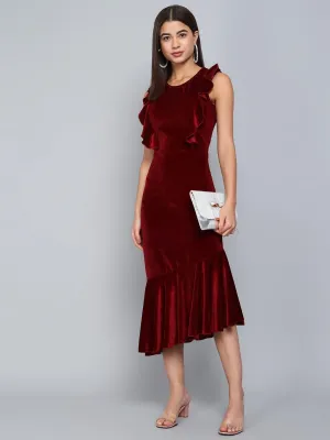 Bodycon Party Dress for Women Sleeveless | Shiny Velvet Fabric Fish Cut Ruffle Bottom Detailing Stylish Casual Outfit
