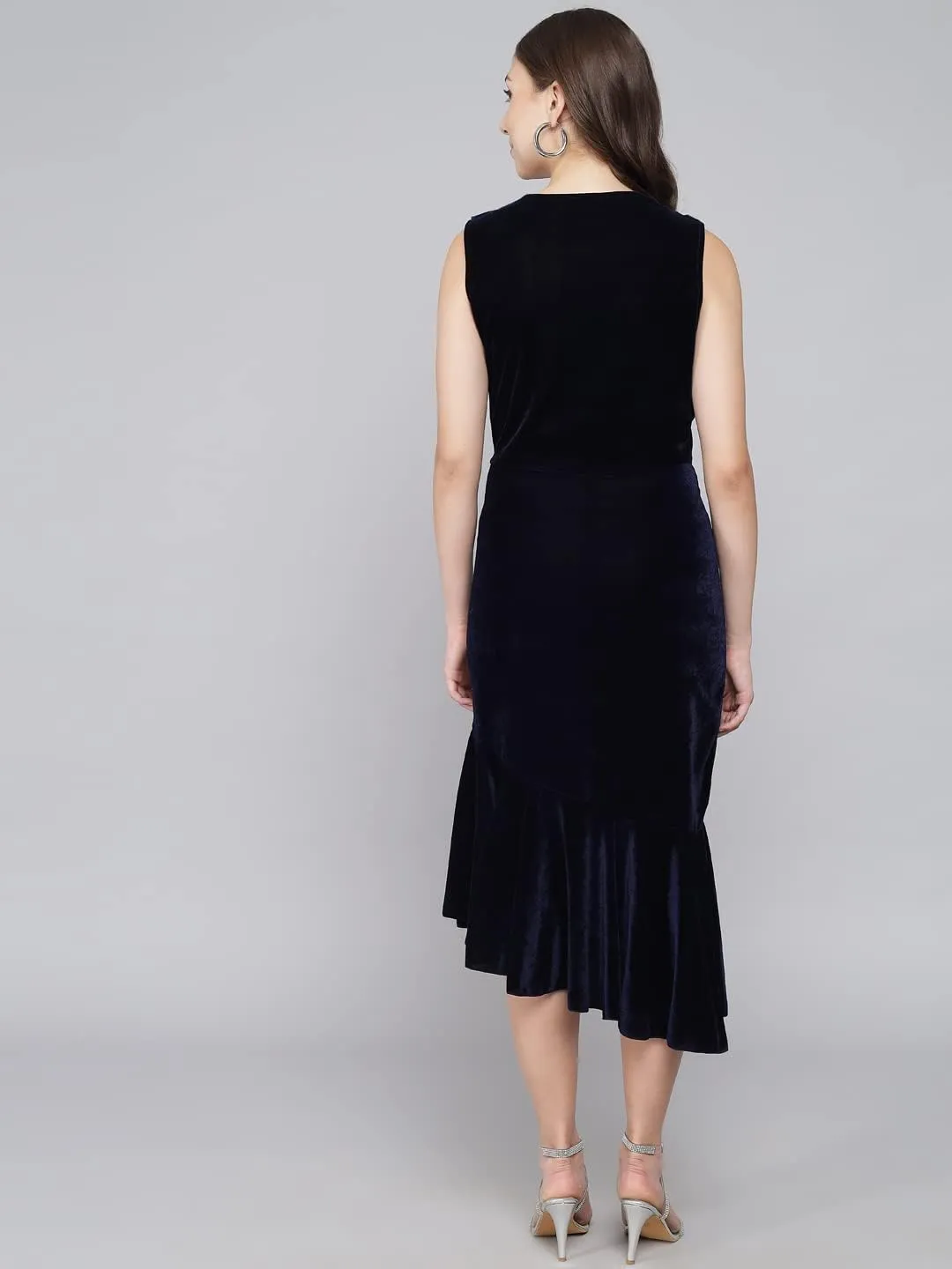 Bodycon Party Dress for Women Sleeveless | Shiny Velvet Fabric Fish Cut Ruffle Bottom Detailing Stylish Casual Outfit