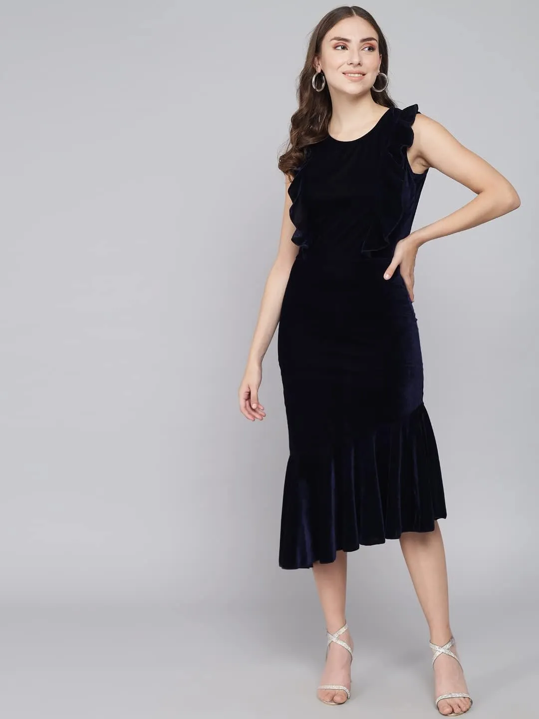 Bodycon Party Dress for Women Sleeveless | Shiny Velvet Fabric Fish Cut Ruffle Bottom Detailing Stylish Casual Outfit