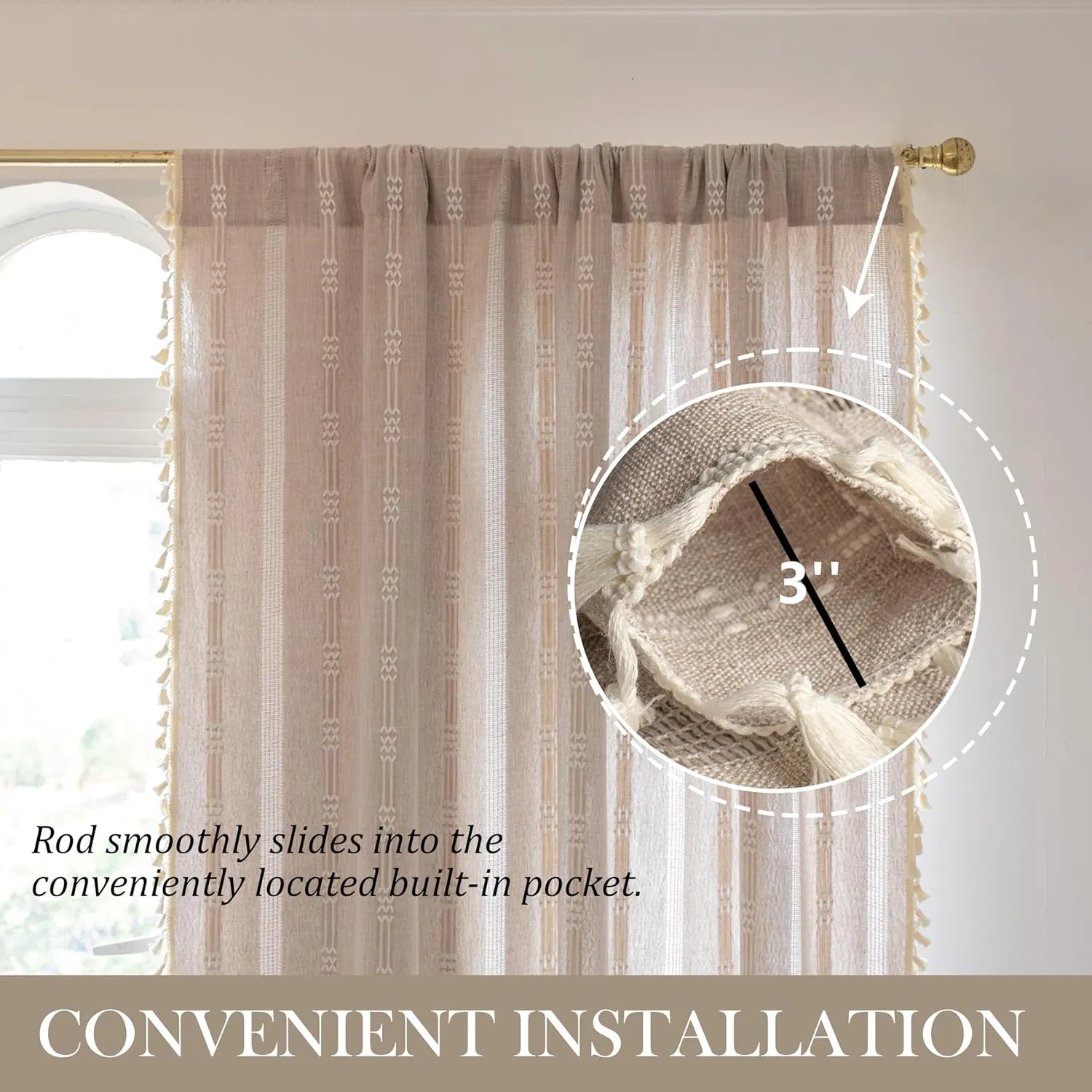 Boho Embroidery Striped Linen Curtains - 84 Inch Long, 2 Panels Semi-Blackout, Country Farmhouse & Bohemian Light Filtering for Bedroom & Living Room