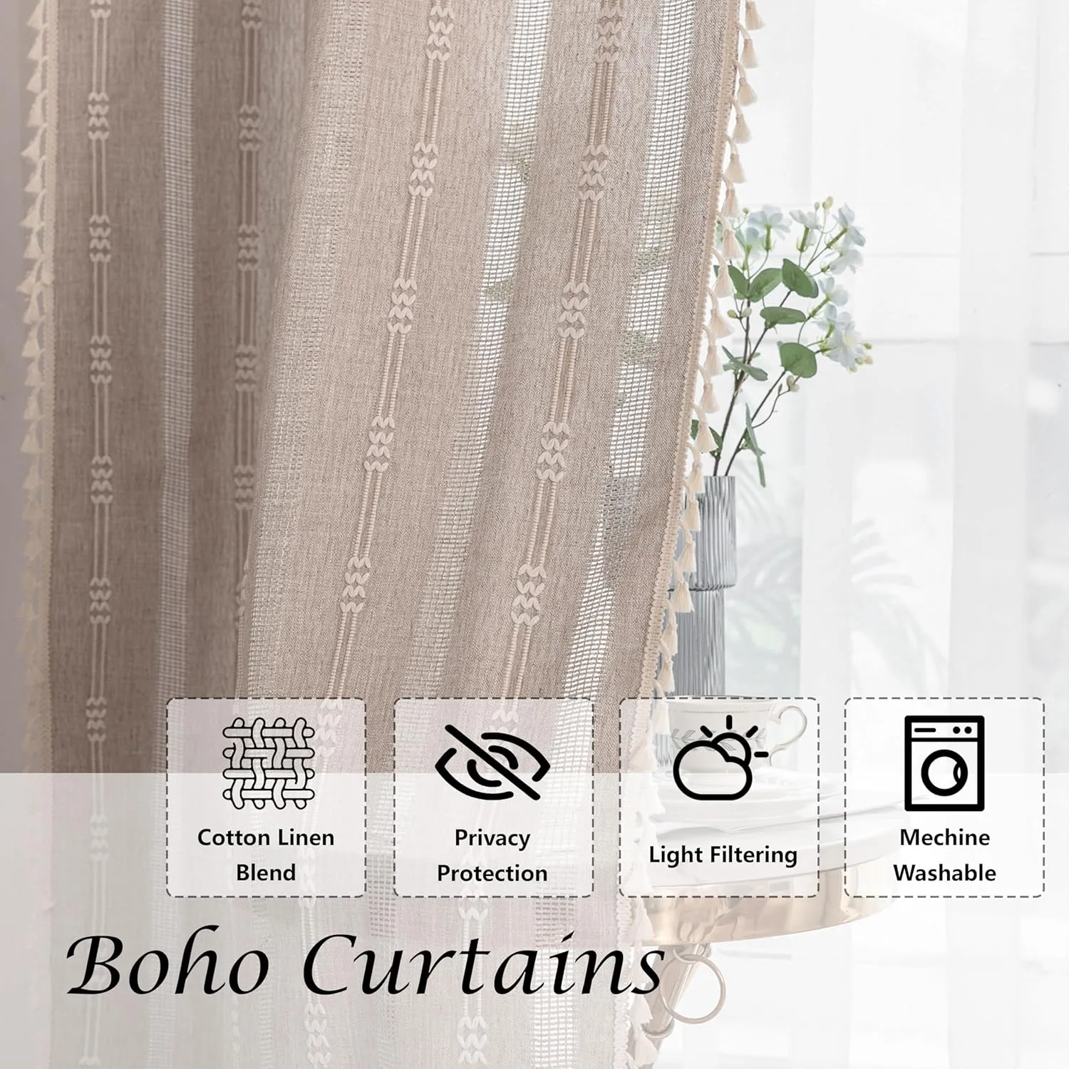 Boho Embroidery Striped Linen Curtains - 84 Inch Long, 2 Panels Semi-Blackout, Country Farmhouse & Bohemian Light Filtering for Bedroom & Living Room