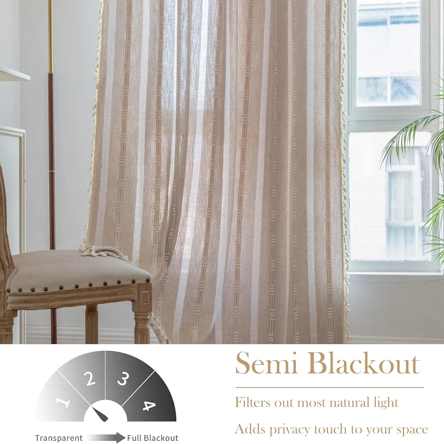 Boho Embroidery Striped Linen Curtains - 84 Inch Long, 2 Panels Semi-Blackout, Country Farmhouse & Bohemian Light Filtering for Bedroom & Living Room