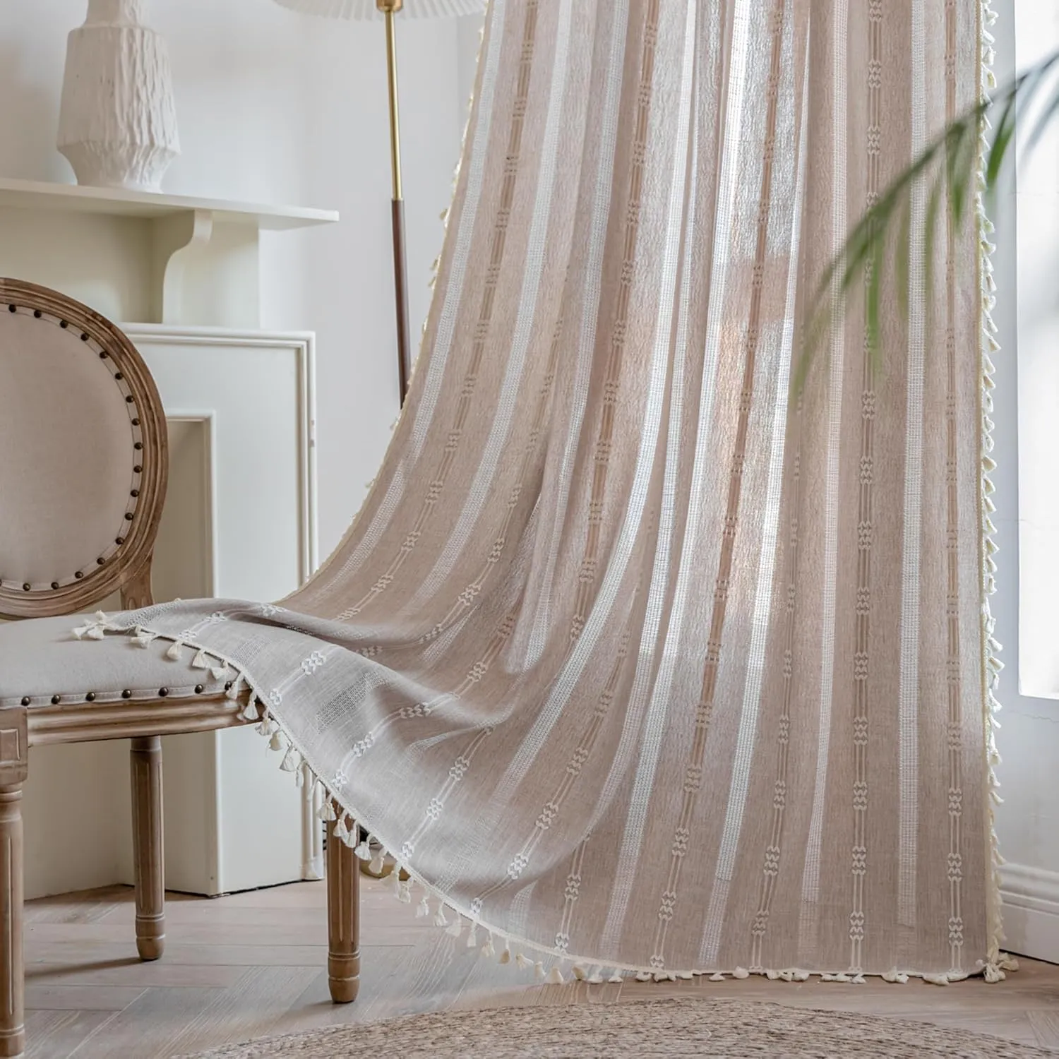 Boho Embroidery Striped Linen Curtains - 84 Inch Long, 2 Panels Semi-Blackout, Country Farmhouse & Bohemian Light Filtering for Bedroom & Living Room