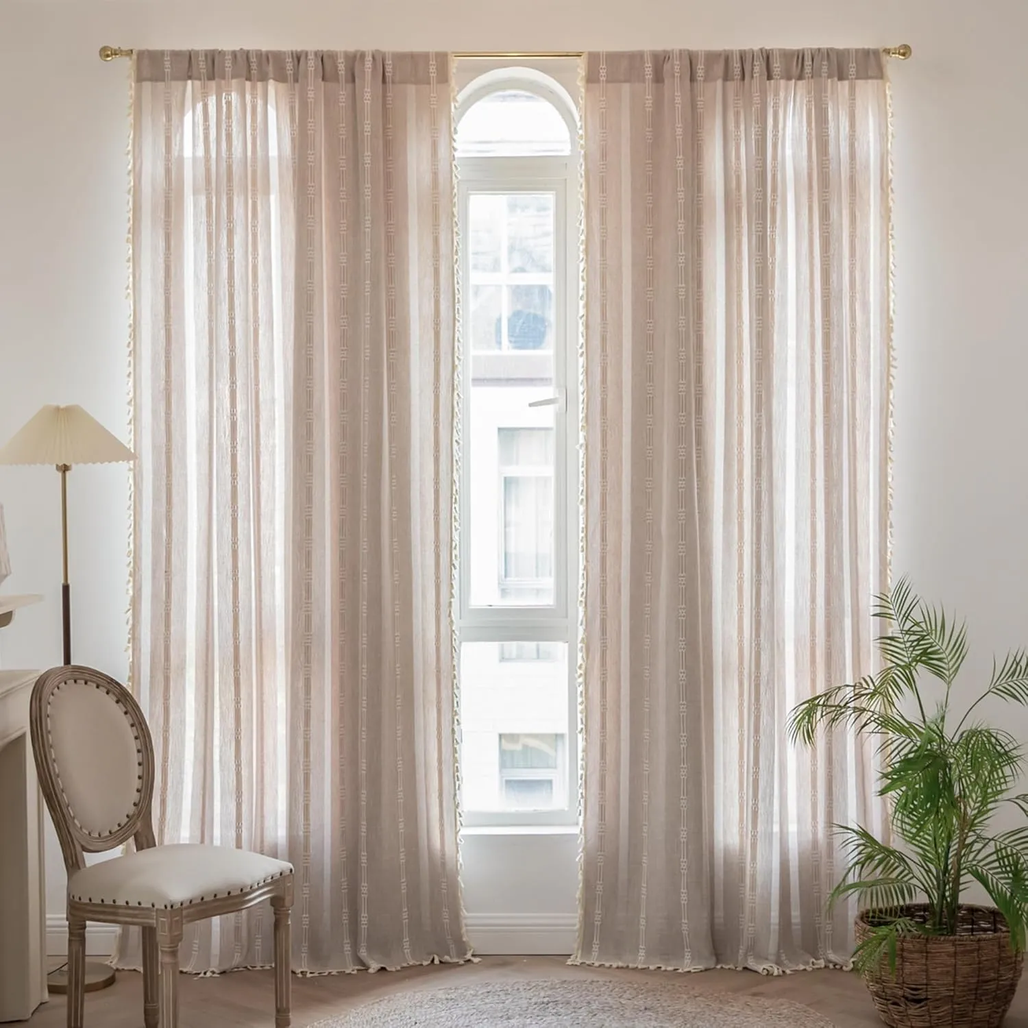 Boho Embroidery Striped Linen Curtains - 84 Inch Long, 2 Panels Semi-Blackout, Country Farmhouse & Bohemian Light Filtering for Bedroom & Living Room