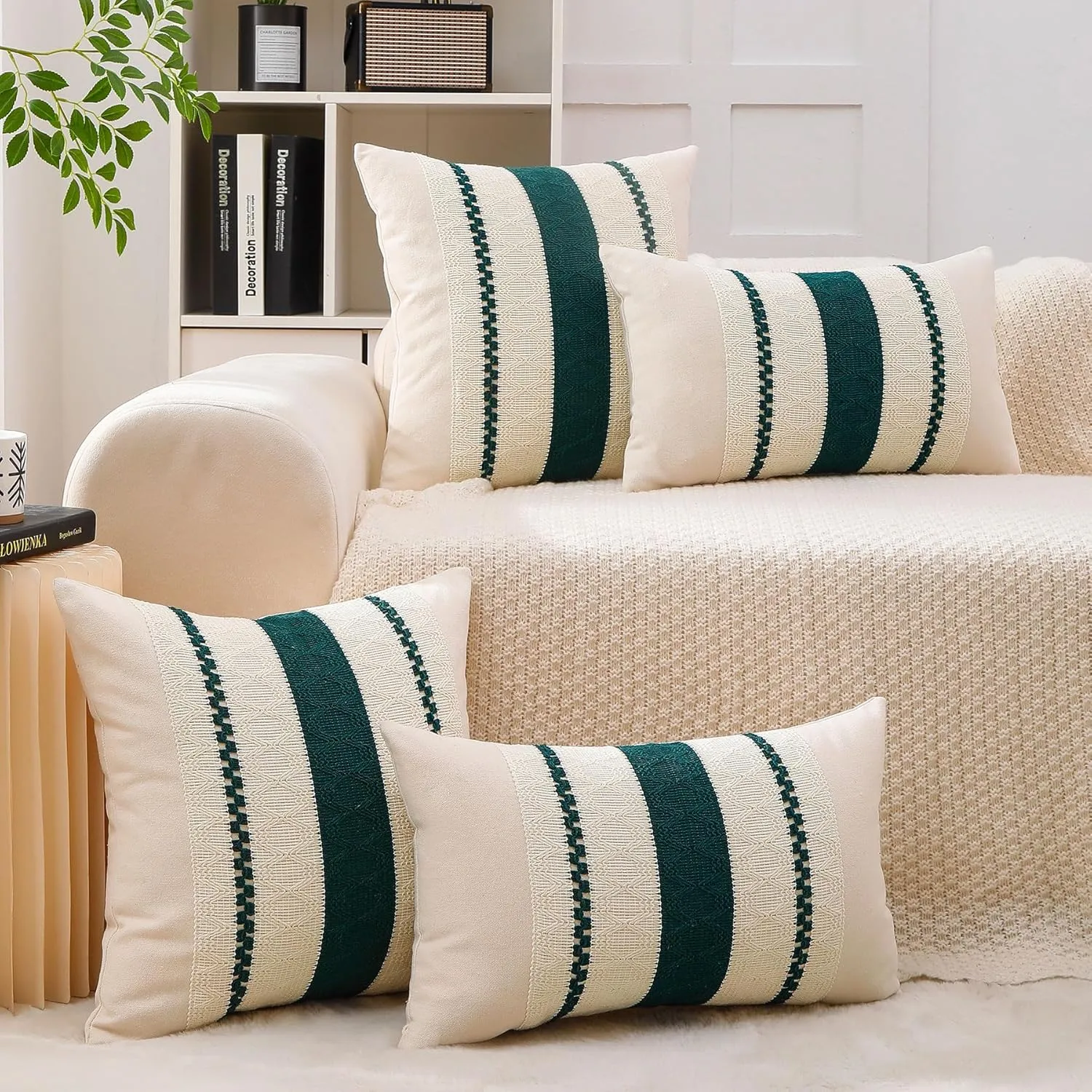 Boho Throw Pillow Covers Set of 2 Linen Farmhouse Pillow Covers 18x18,Rustic Decorative Throw Pillow Cover for Couch,Bed,Living Room (Dark Green, 20" x 20")