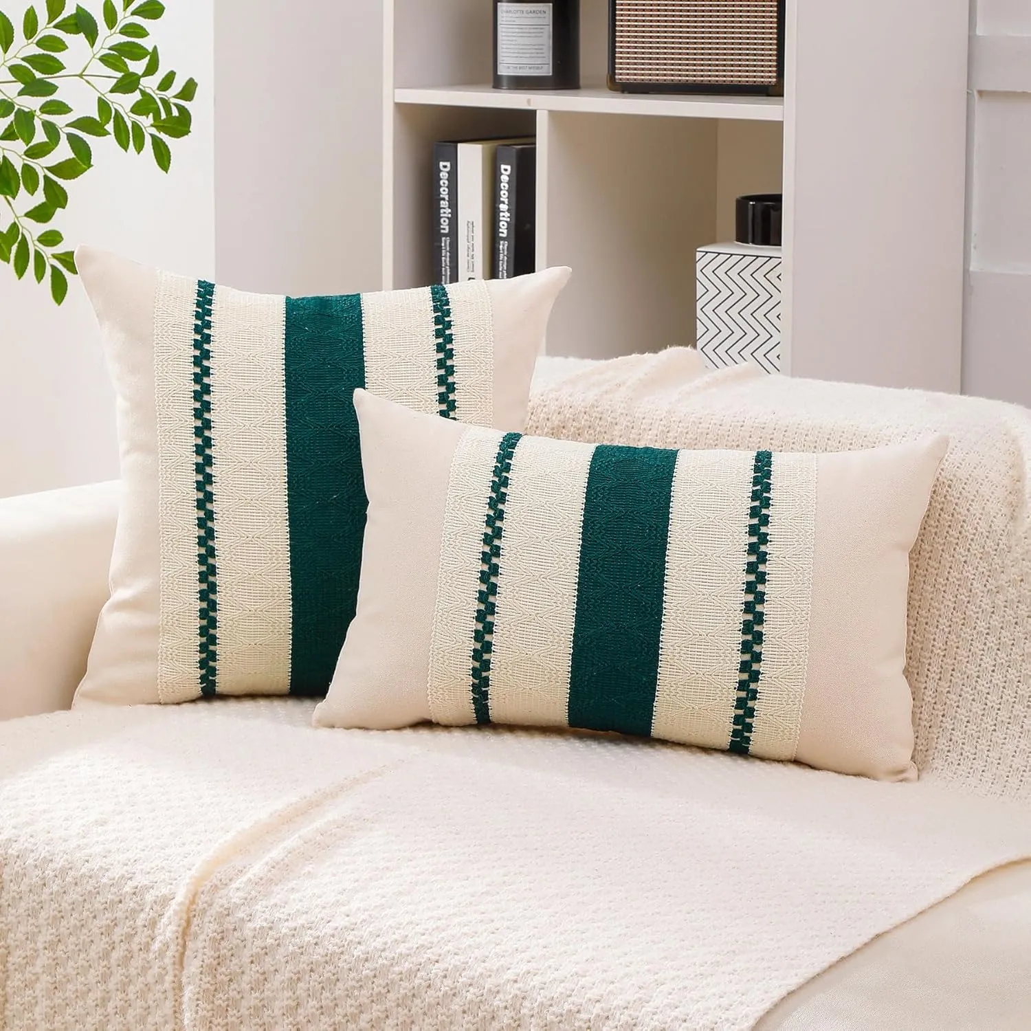 Boho Throw Pillow Covers Set of 2 Linen Farmhouse Pillow Covers 18x18,Rustic Decorative Throw Pillow Cover for Couch,Bed,Living Room (Dark Green, 20" x 20")
